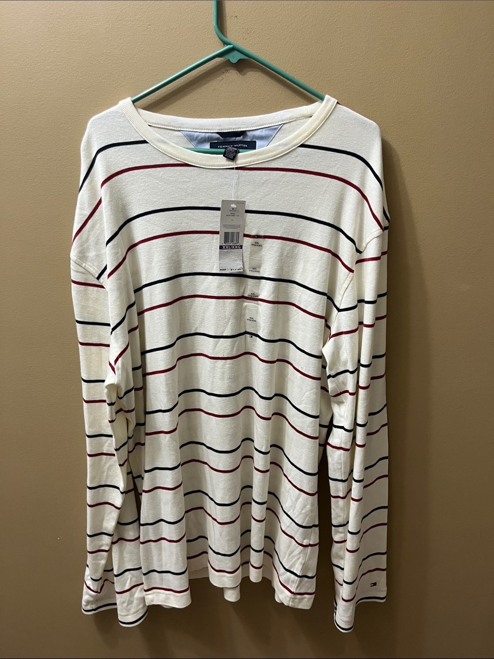 Tommy Hilfiger White Long-Sleeve Crewneck with Red & Navy Stripes